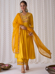 Yellow Embroidered A-Line Kurta Palazzos With Dupatta set