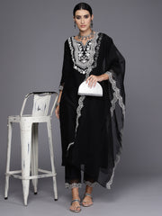 Indo Era Black Embroidered Straight Kurta Trousers With Dupatta Set