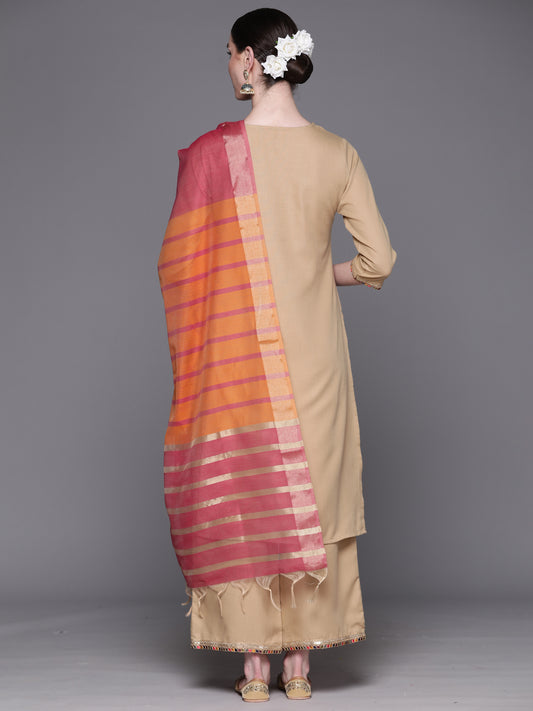 Indo Era Beige Embroidered Straight Kurta Trousers With Dupatta Set