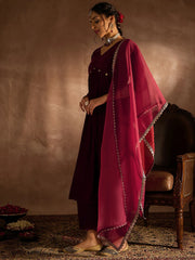 Maroon Solid A-Line Kurta Trousers With Dupatta set