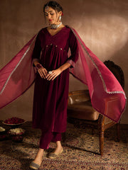 Maroon Solid A-Line Kurta Trousers With Dupatta set