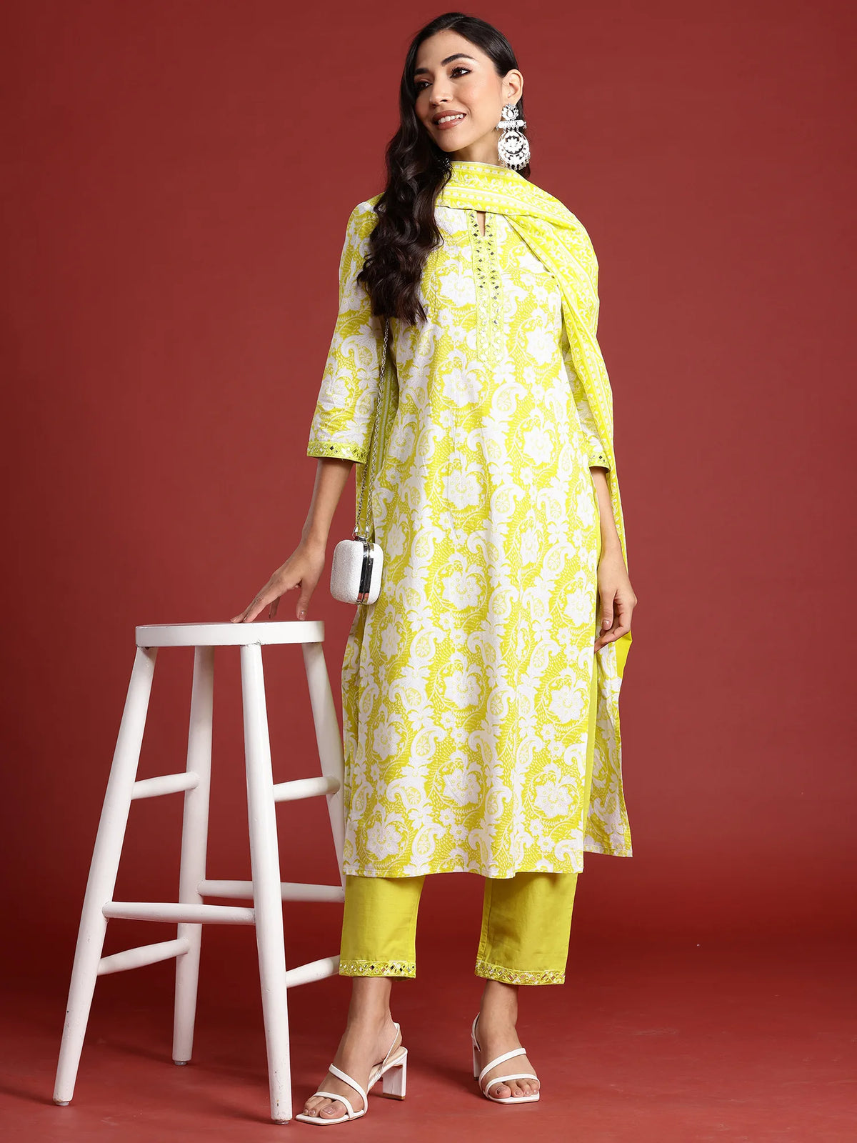 Green Printed Straight Kurta Trousers With Dupatta set