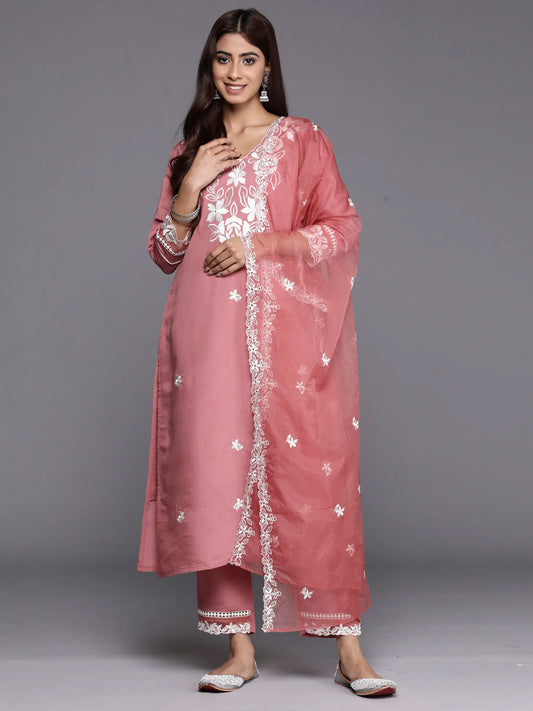 Rust Embroidered Straight Kurta Trousers With Dupatta set