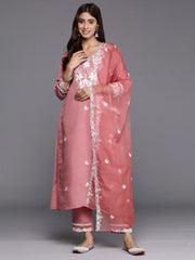 Rust Embroidered Straight Kurta Trousers With Dupatta set