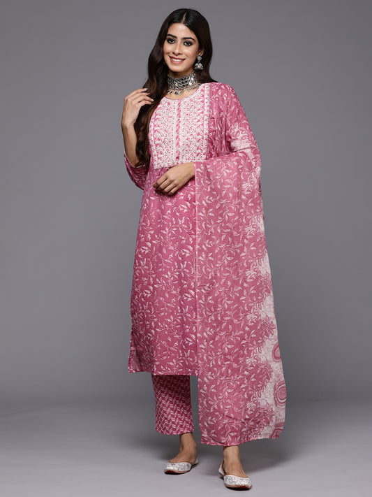 Indo Era Lavender Embroidered Straight Kurta Trousers With Dupatta Set