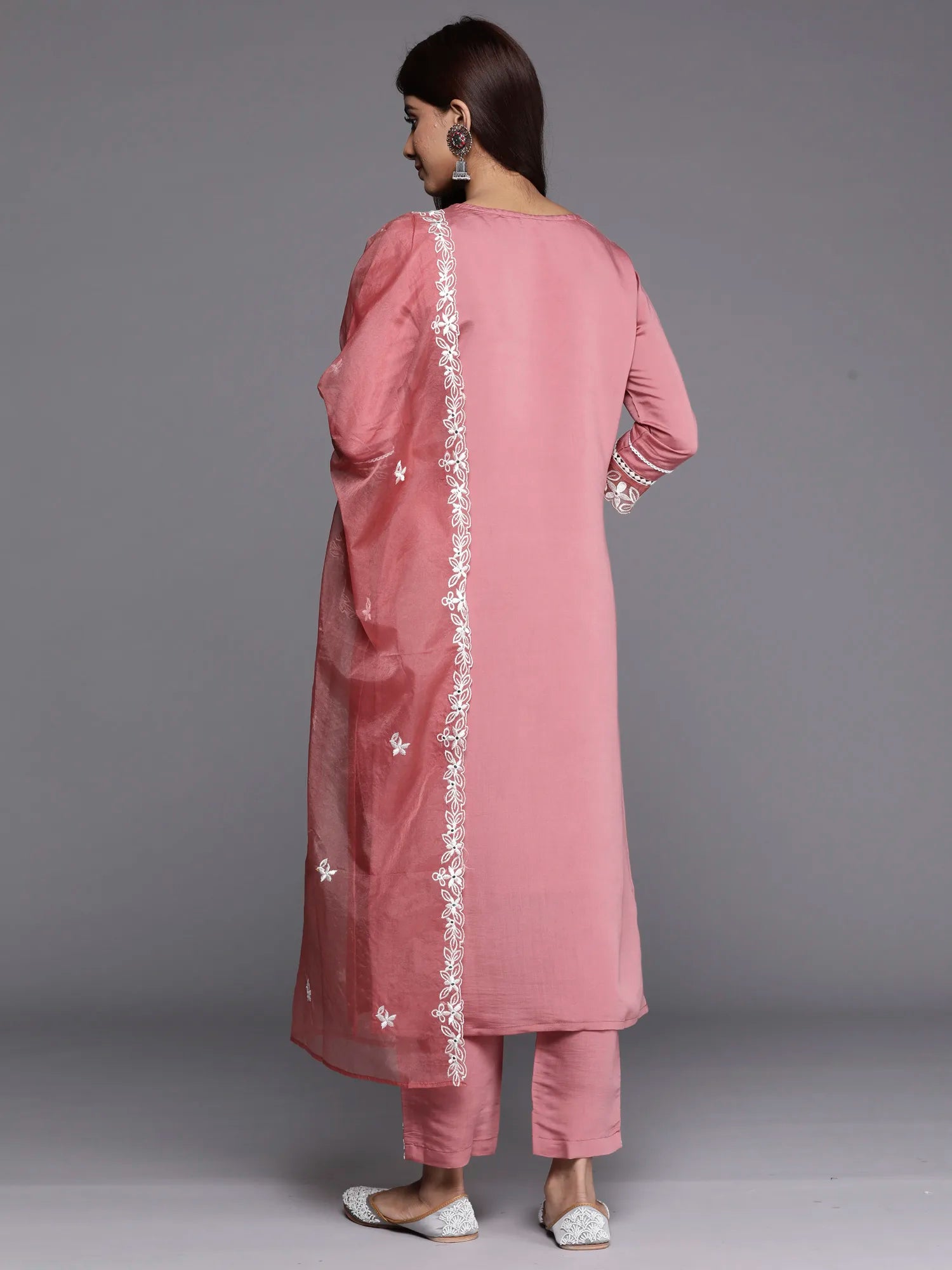 Rust Embroidered Straight Kurta Trousers With Dupatta set