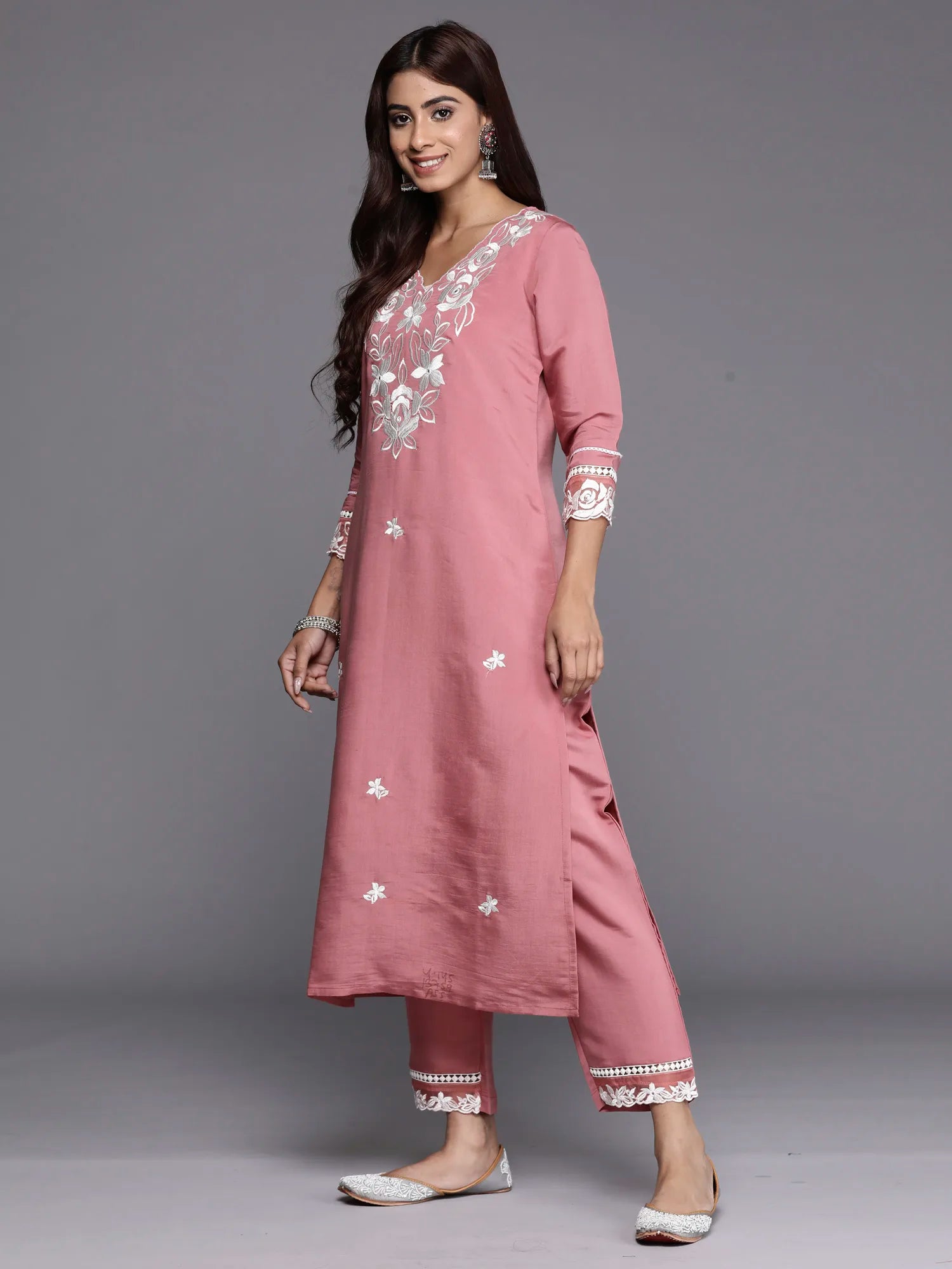 Rust Embroidered Straight Kurta Trousers With Dupatta set