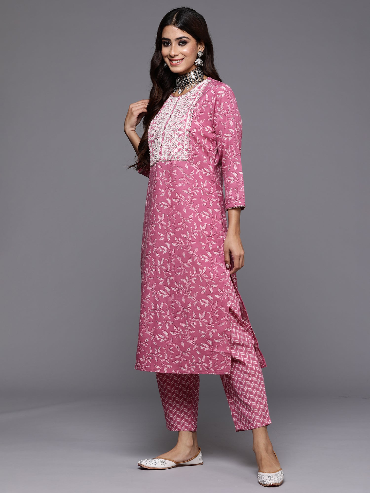 Indo Era Lavender Embroidered Straight Kurta Trousers With Dupatta Set