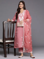 Rust Embroidered Straight Kurta Trousers With Dupatta set