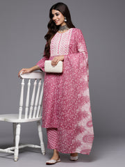 Indo Era Lavender Embroidered Straight Kurta Trousers With Dupatta Set