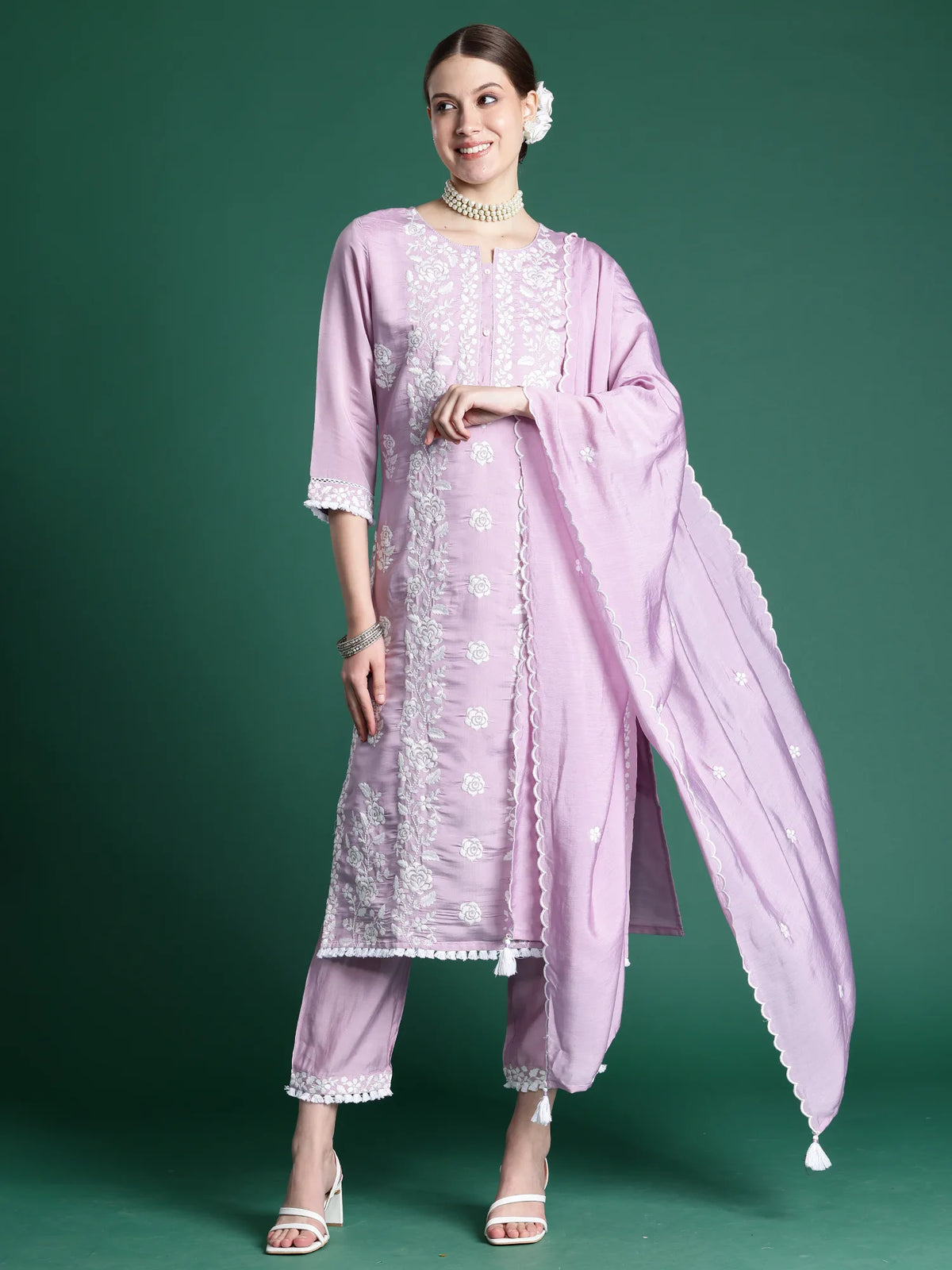 Lavender Embroidered Straight Kurta Trousers With Dupatta Set