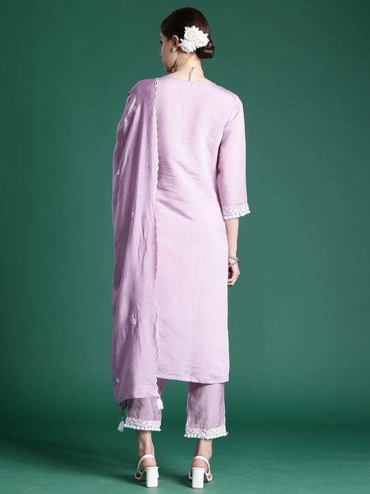 Lavender Embroidered Straight Kurta Trousers With Dupatta Set