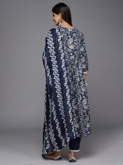 Indo Era Blue Embroidered A-Line Kurta Trousers With Dupatta Set