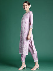 Lavender Embroidered Straight Kurta Trousers With Dupatta Set