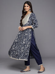 Indo Era Blue Embroidered A-Line Kurta Trousers With Dupatta Set