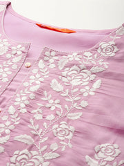 Lavender Embroidered Straight Kurta Trousers With Dupatta Set