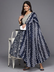 Indo Era Blue Embroidered A-Line Kurta Trousers With Dupatta Set