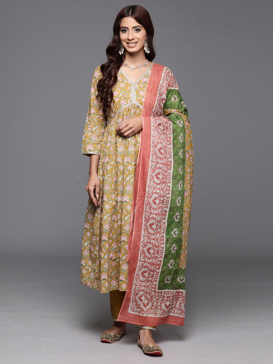 Indo Era Green Printed A-Line Kurta Trousers With Dupatta Set