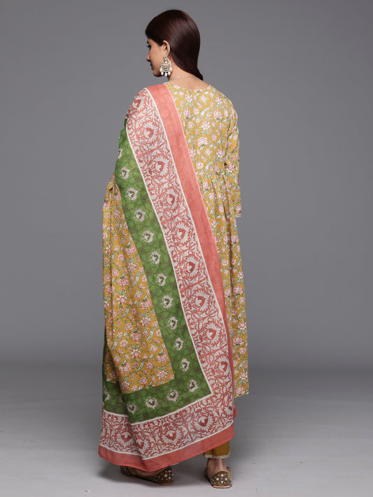 Indo Era Green Printed A-Line Kurta Trousers With Dupatta Set