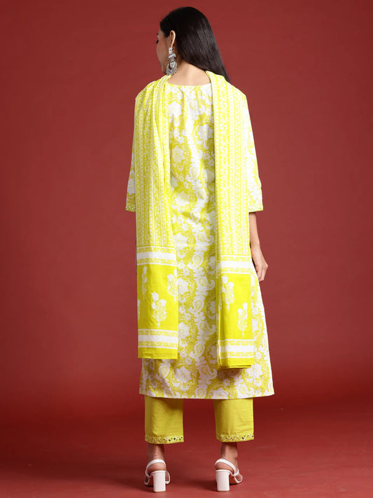 Green Printed Straight Kurta Trousers With Dupatta set