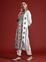 White Embroidered Straight Kurta Trousers With Dupatta Set