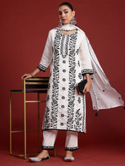 White Embroidered Straight Kurta Trousers With Dupatta Set