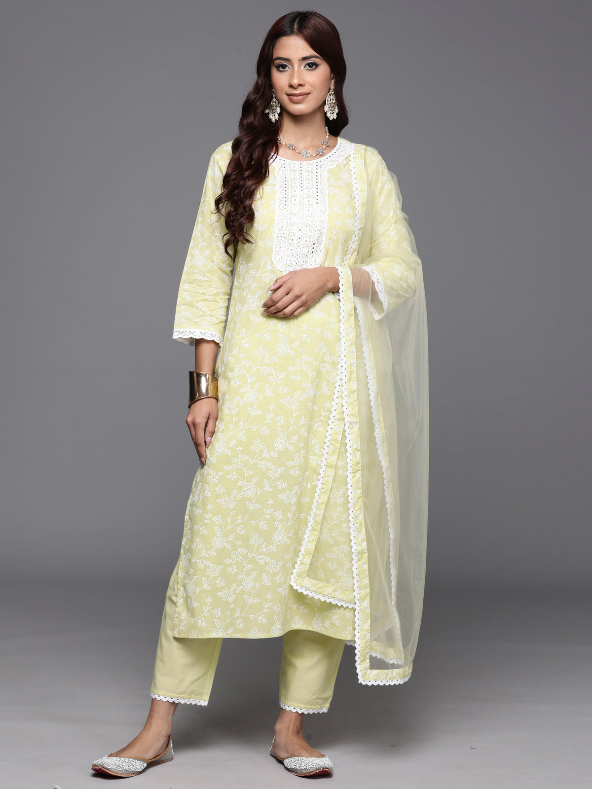 Indo Era Green Embroidered Straight Kurta Trousers With Dupatta Set