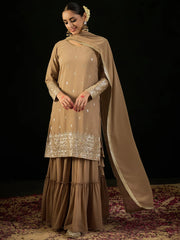 Beige Embroidered Straight Kurta Sharara With Dupatta set