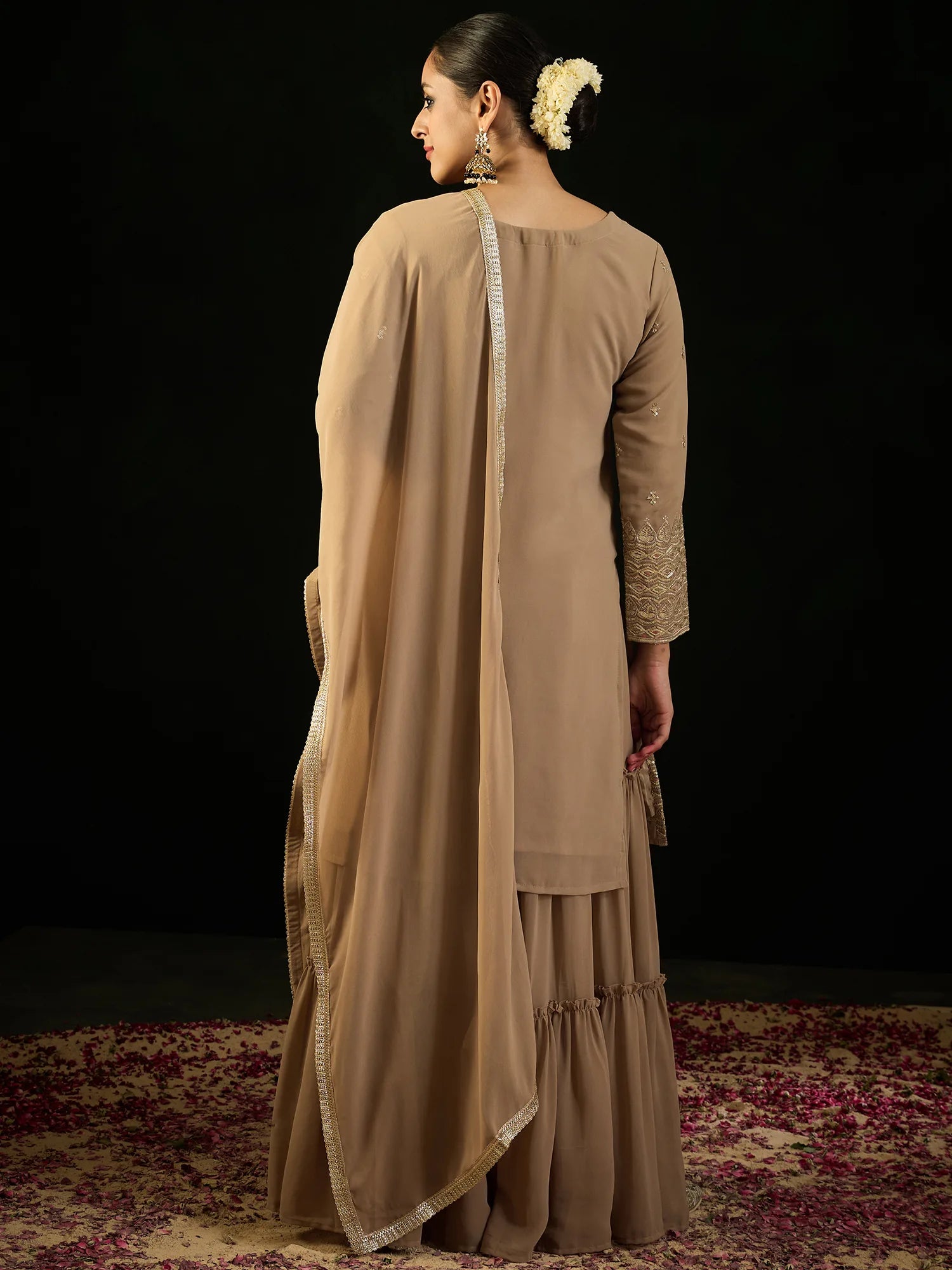 Beige Embroidered Straight Kurta Sharara With Dupatta set