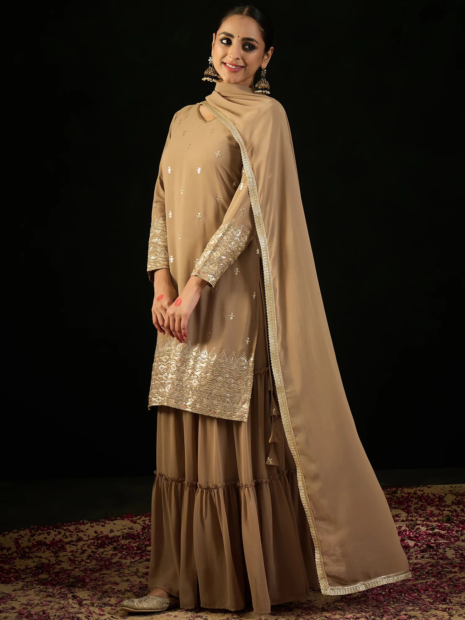 Beige Embroidered Straight Kurta Sharara With Dupatta set