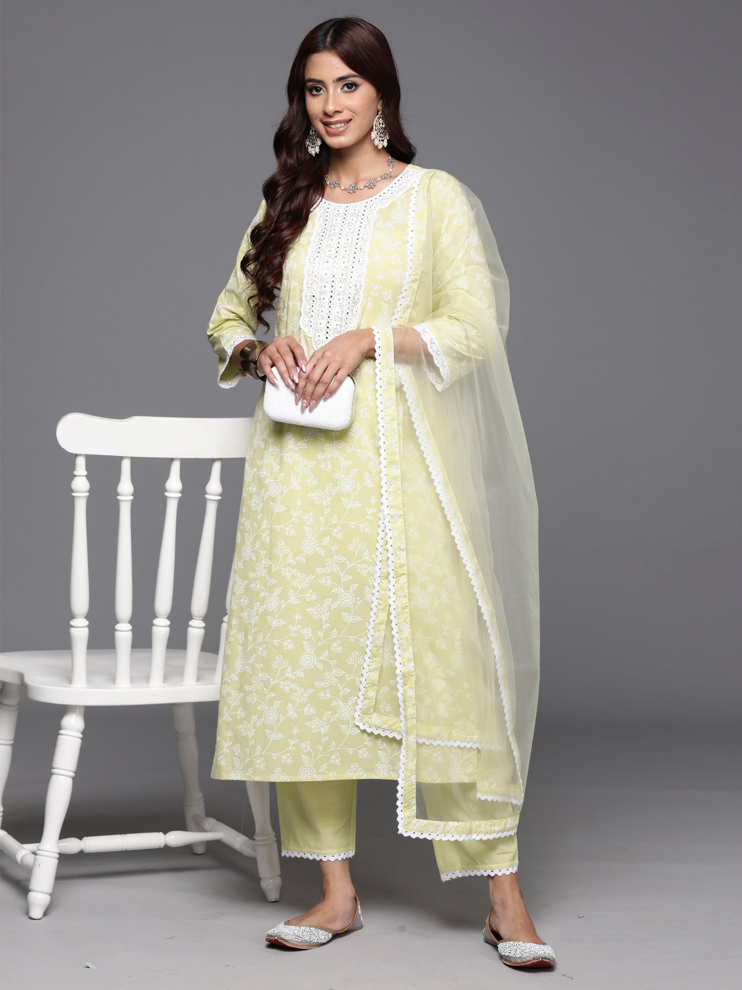 Indo Era Green Embroidered Straight Kurta Trousers With Dupatta Set