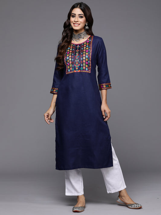 Indo Era Navy Blue Yoke Design Straight Casual Kurtas