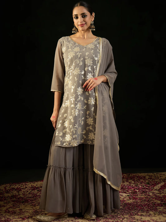 Grey Embroidered Straight Kurta Sharara With Dupatta set