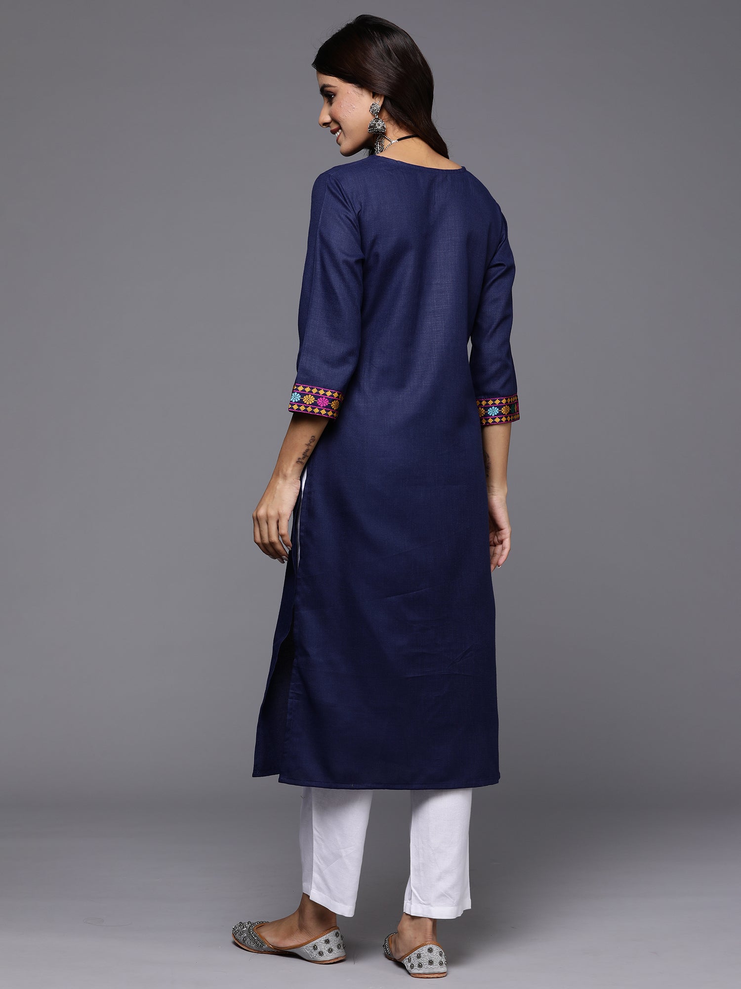 Indo Era Navy Blue Yoke Design Straight Casual Kurtas