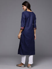 Indo Era Navy Blue Yoke Design Straight Casual Kurtas