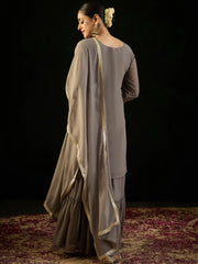 Grey Embroidered Straight Kurta Sharara With Dupatta set