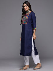 Indo Era Navy Blue Yoke Design Straight Casual Kurtas