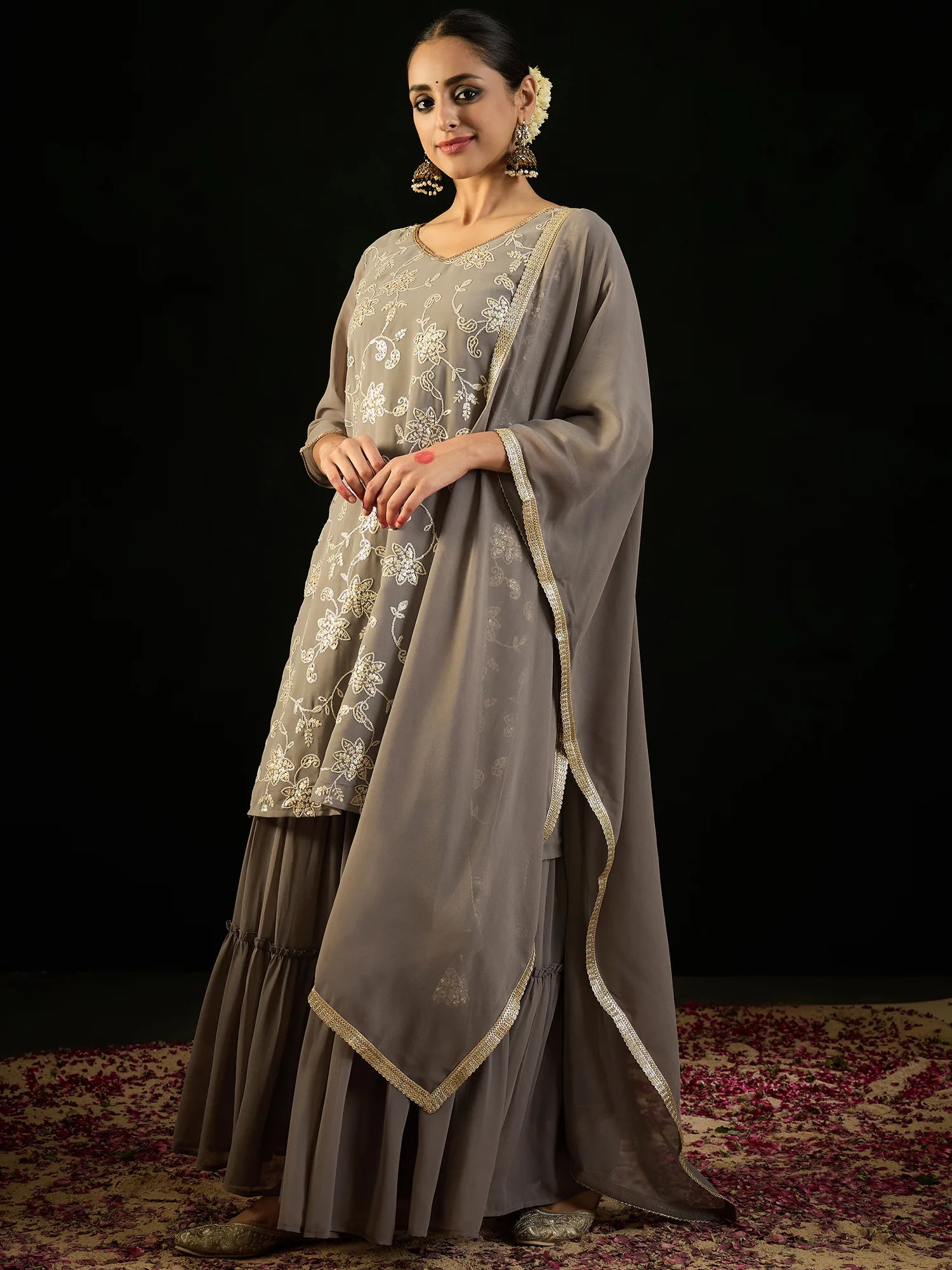 Grey Embroidered Straight Kurta Sharara With Dupatta set