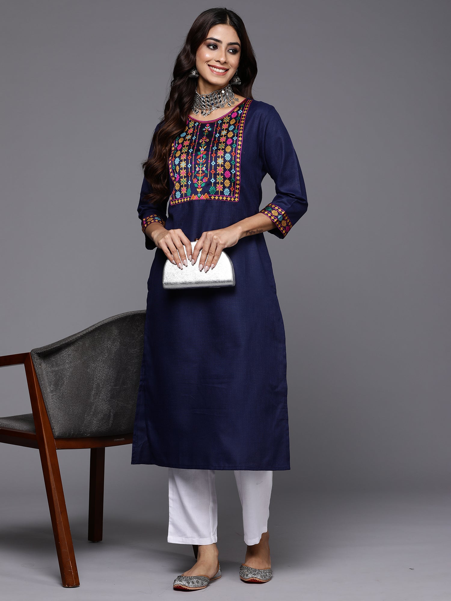 Indo Era Navy Blue Yoke Design Straight Casual Kurtas