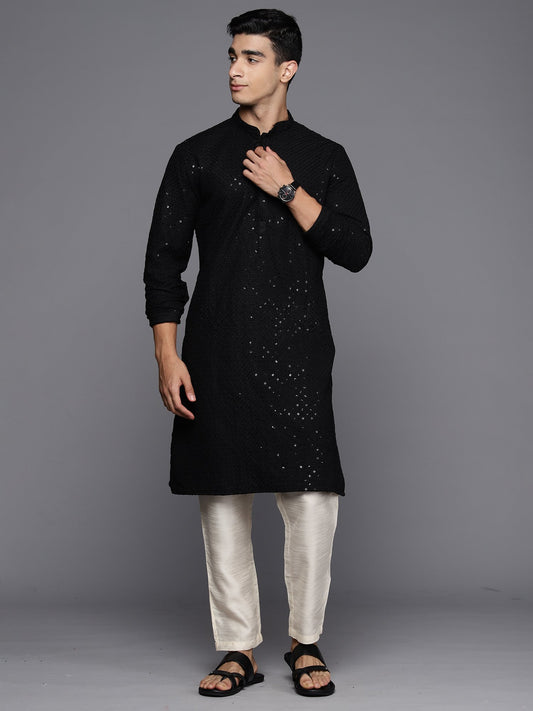 Men Black Floral Cotton Embroidered Straight Kurtas