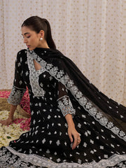 Black Embroidered Straight Kurta Trousers With Dupatta set