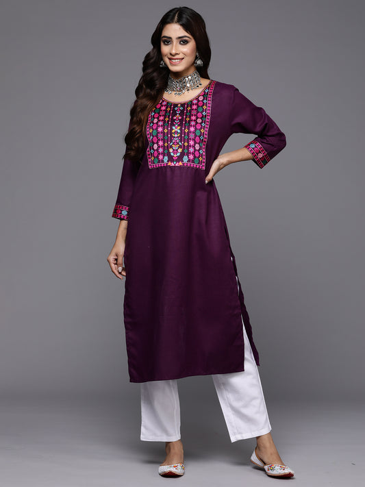 Indo Era Purple Yoke Design Straight Casual Kurtas