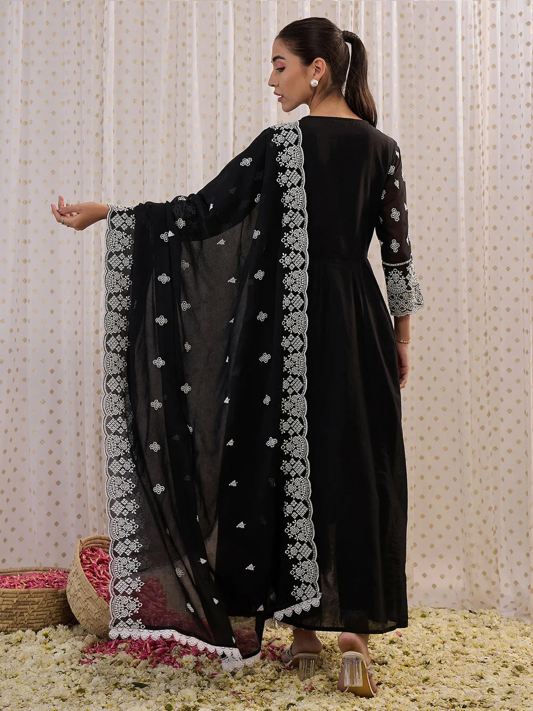 Black Embroidered Straight Kurta Trousers With Dupatta set