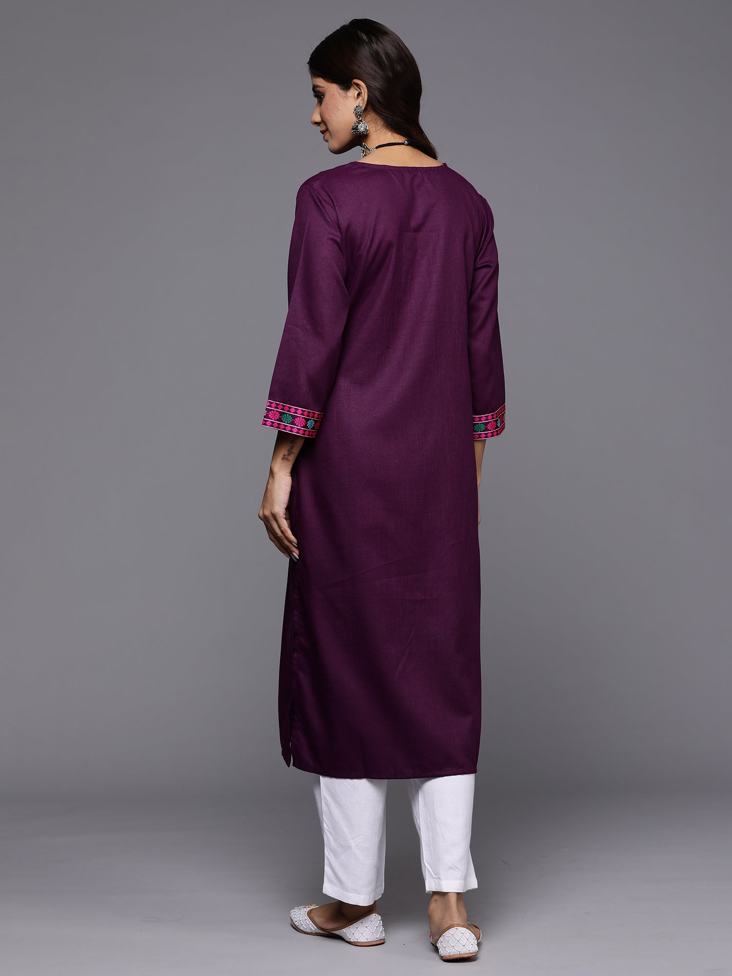 Indo Era Purple Yoke Design Straight Casual Kurtas