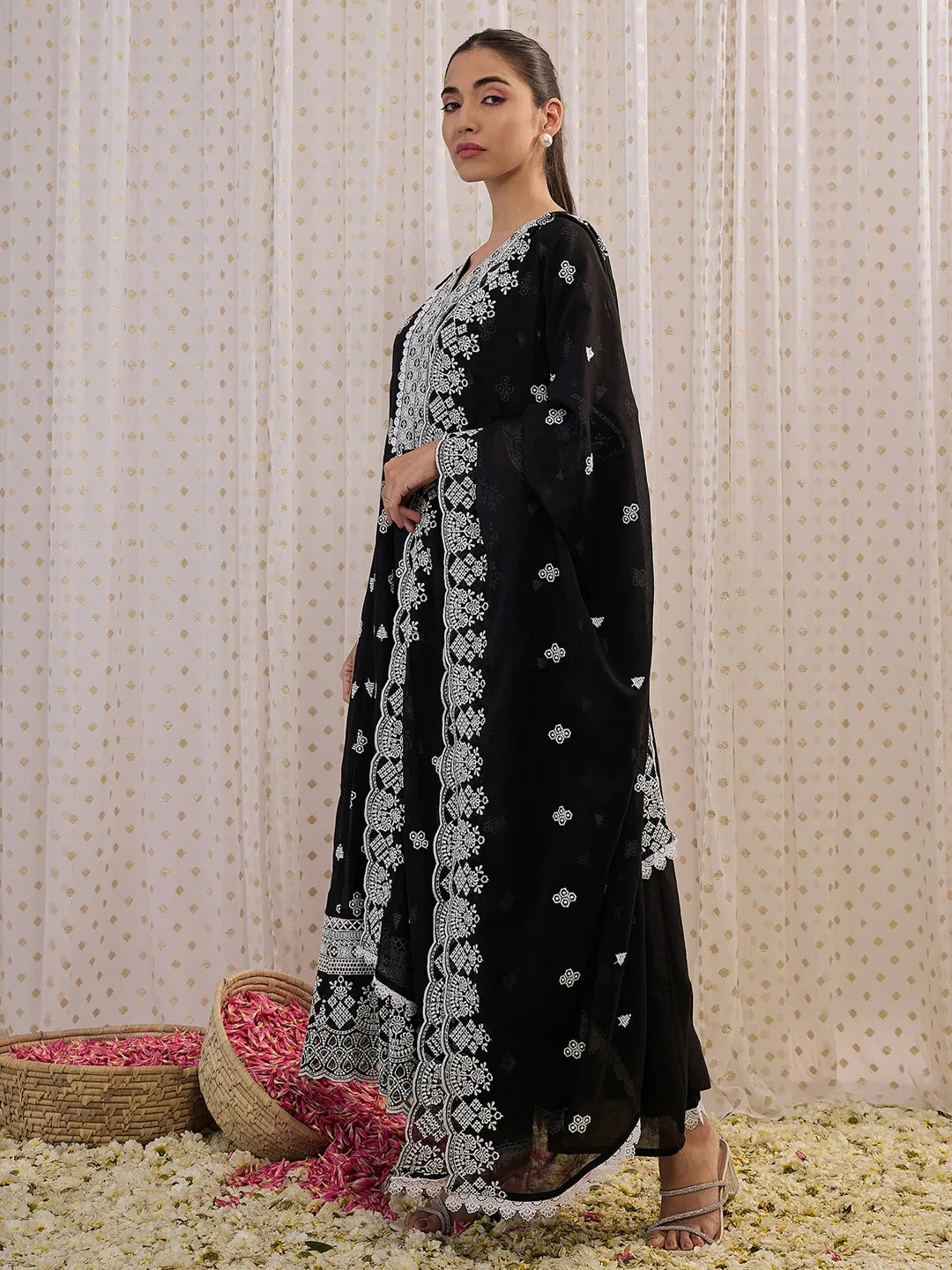 Black Embroidered Straight Kurta Trousers With Dupatta set