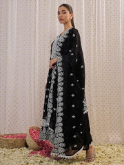 Black Embroidered Straight Kurta Trousers With Dupatta set