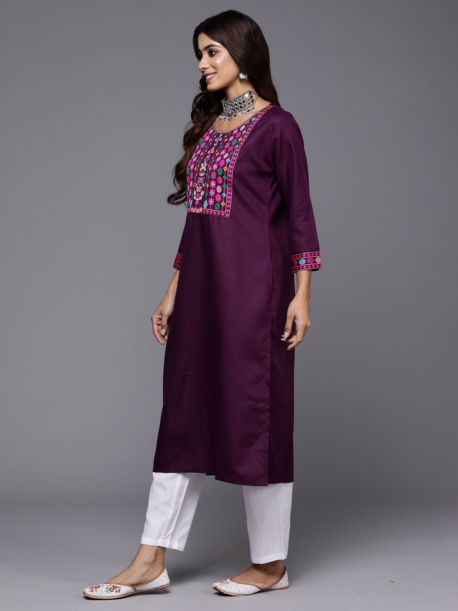 Indo Era Purple Yoke Design Straight Casual Kurtas