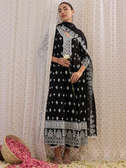 Black Embroidered Straight Kurta Trousers With Dupatta set