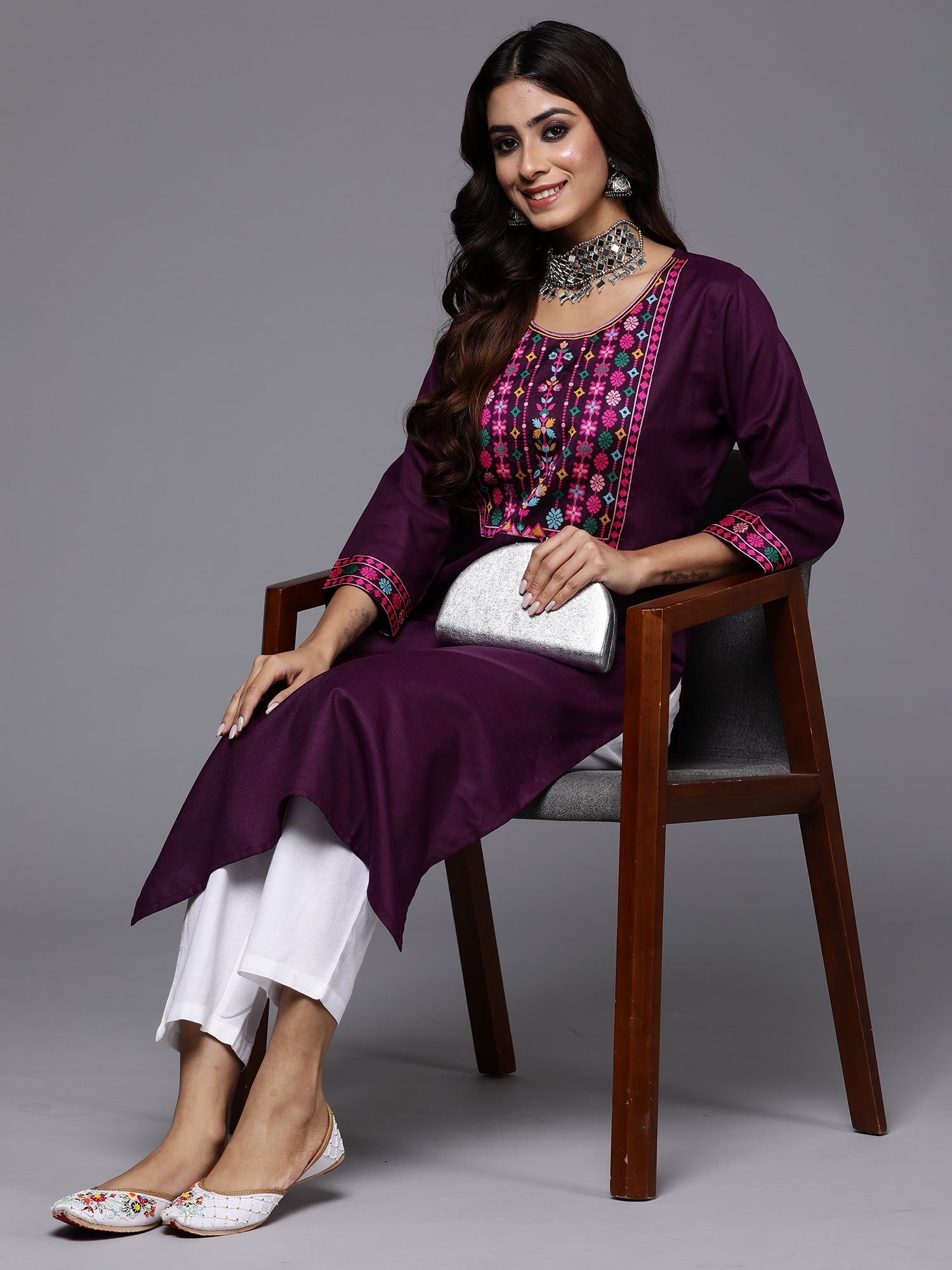 Indo Era Purple Yoke Design Straight Casual Kurtas