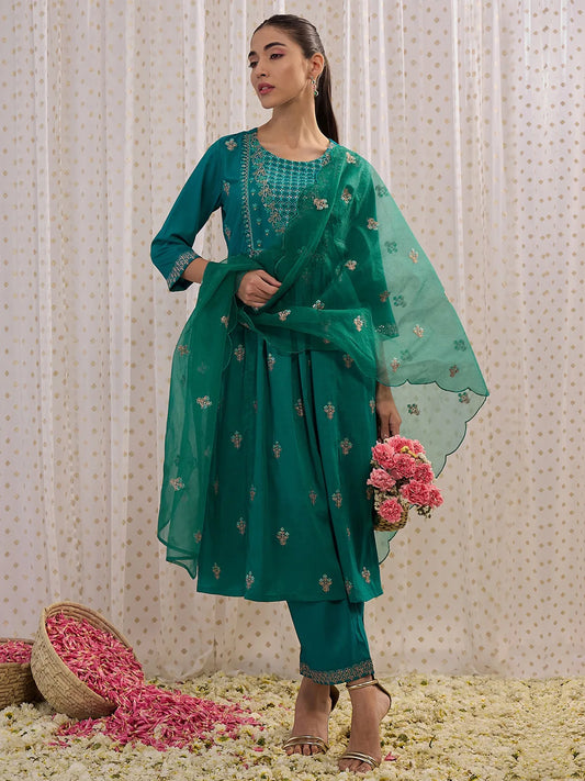 Teal Embroidered A-Line Kurta Trousers With Dupatta set